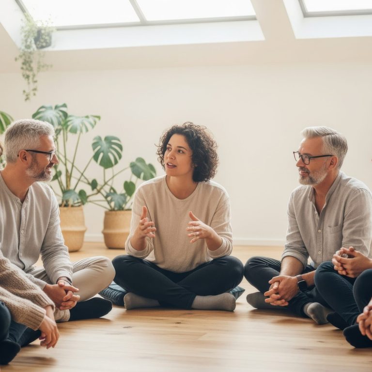 A diverse group of adults engaged in a supportive therapy discussion session, sharing insights and connecting deeply, perfect for representing mental health and community bonding.